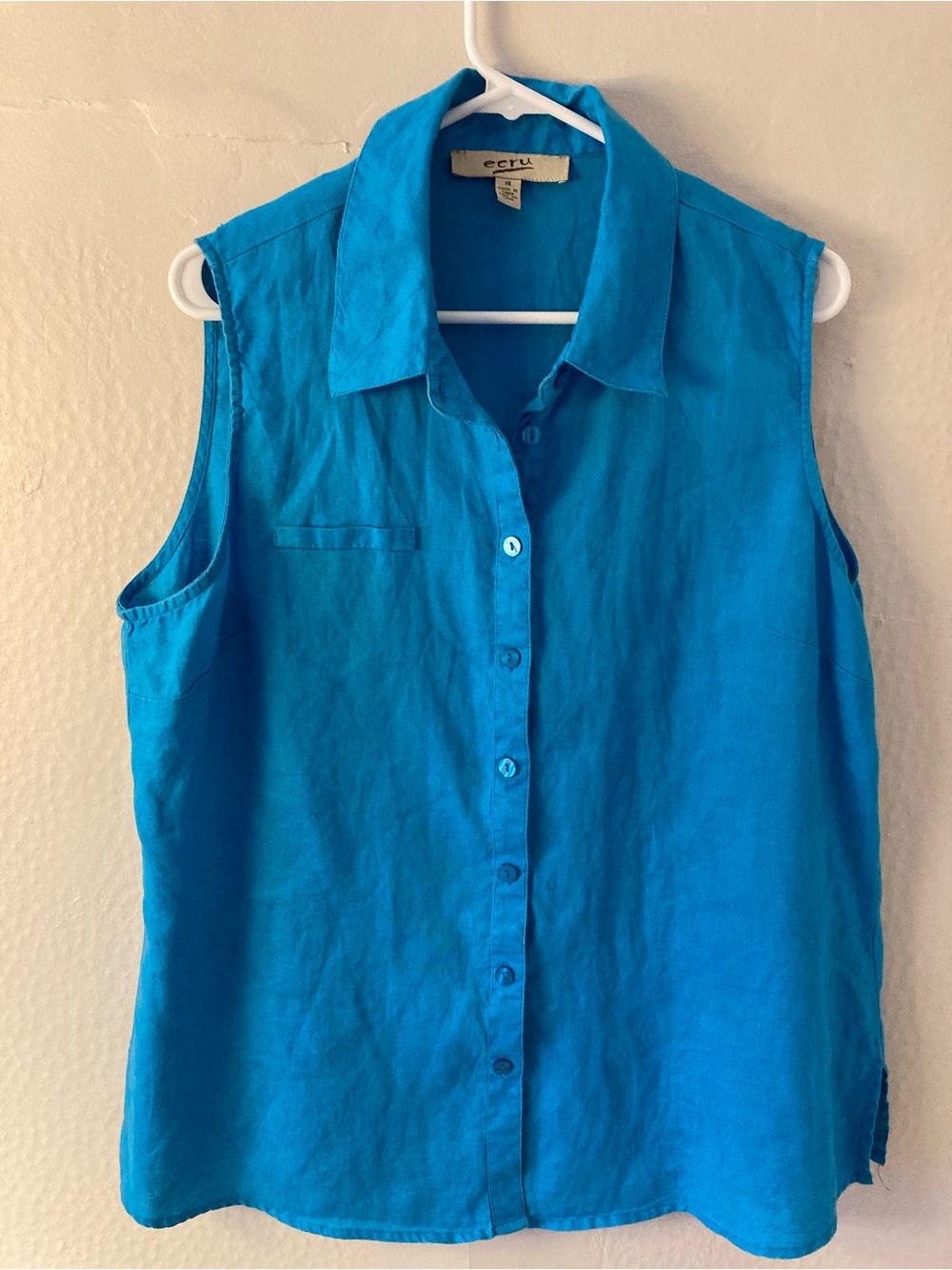 Sleeveless Button-Front Linen Top in Teal Blue